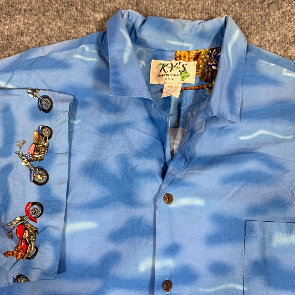 KY'S Hawaiian Shirt Motorcycle Beach Tropical Print Mens 2XL Blue Cotton USA EUC